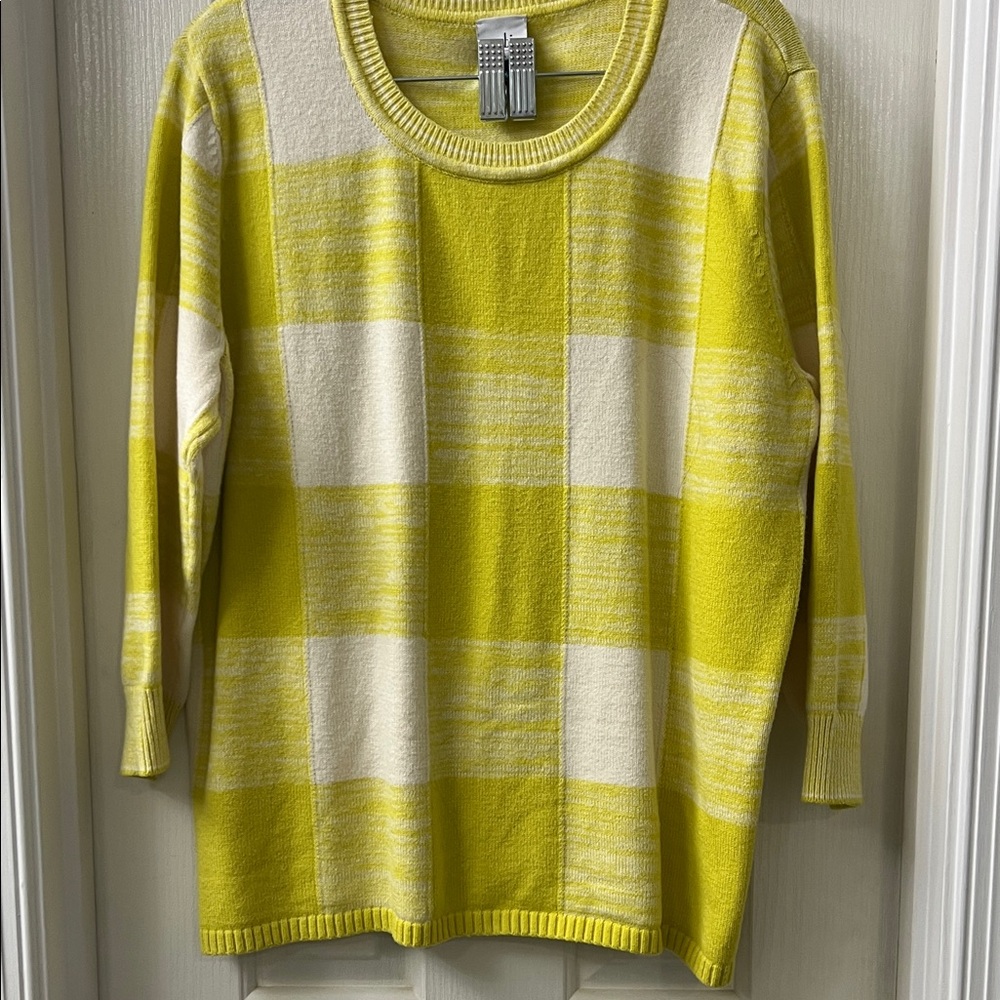 CAbi Yellow and White Check Crewneck Sweater